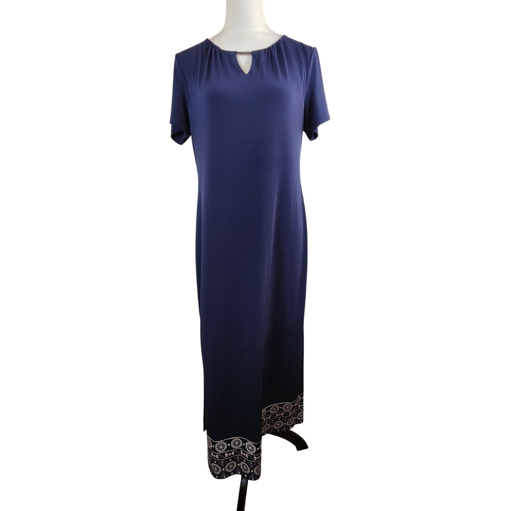 Chico's 1 Navy Blue Maxi‎ Dress Short Sleeve Paisley Border Hem Womens M US 8/10